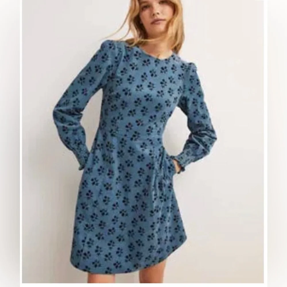 Boden Smocked Sleeve Blue Corduroy Dress 10 Long